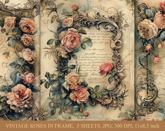 Vintage roses in frame, Digital download, Commercial use, Scrapbooking, Junk journal, Cardmaking, clipart, Background, Shabby chic, Vintage,