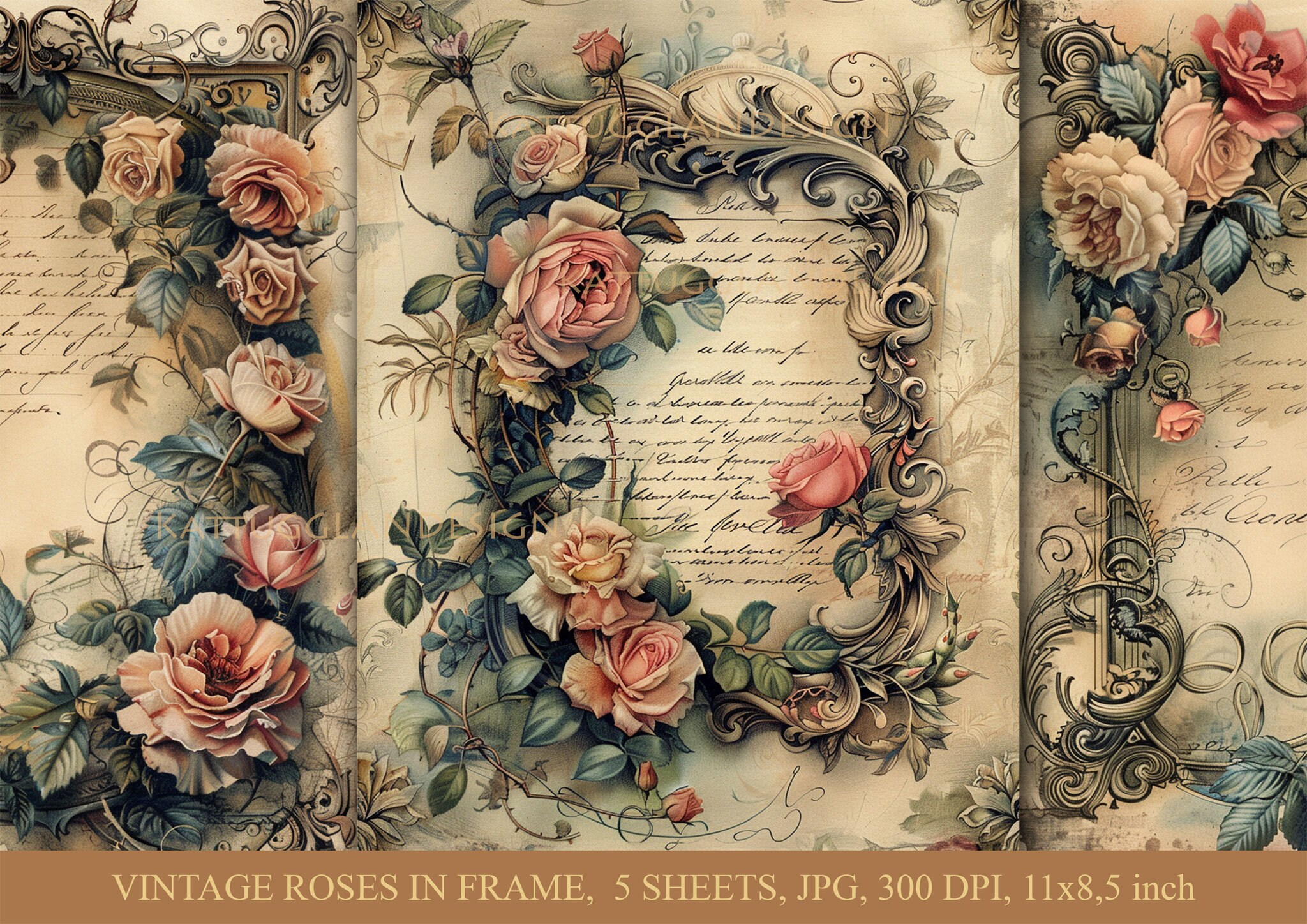 Rose In Frame Vintage Roses in Frame, Digital Download, Commercial Use, Scrapbooking ...