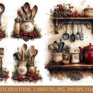 Utensílio de cozinha antigo, Download digital, Diário de sucata, Scrapbooking, Uso comercial, Criação de cartões, Decoupage, Papel digital, Campo, Cozinha,