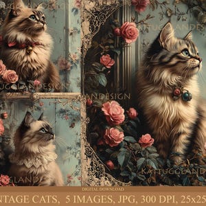 Gatos vintage, Descarga digital, Diario basura, Scrapbooking, Uso comercial, Fabricación de tarjetas, Decoupage, Papel digital, Shabby chic, Gatos, Gatito