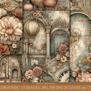 Pode incluir: Download digital de 17 fundos em estilo vintage. As imagens apresentam elementos florais e arquitetónicos em tons suaves de bege, pêssego e verde-azulado. Inclui balões de ar quente, instrumentos musicais e detalhes ornamentados. Dimensões: 29,7x19,83 cm.