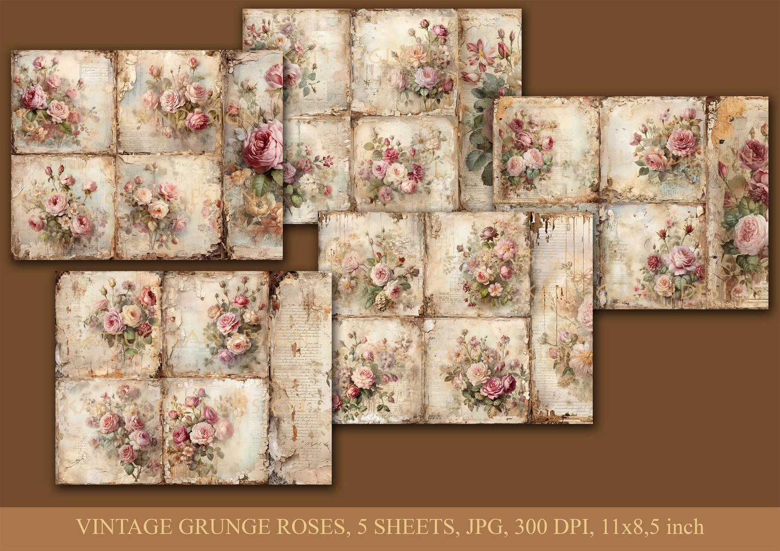 Vintage Grunge Roses, Digital Download, Junk Journal, Scrapbooking ...