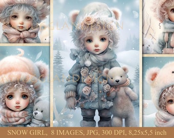 Snow girl, Digital download, Ephemera, Junk Journal, Scrapbooking, Clip art, Commercial use, Print and cut, Dolls, Kids, Winter, Teddybears