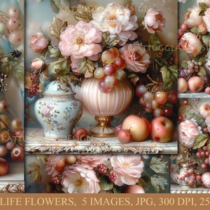 静物画の花、デジタルダウンロード、ジャンクジャーナル、スクラップブッキング、商用利用、カード作成、デコパージュ、シャビーシック、ロマンチック、花