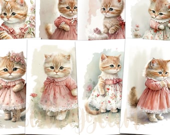 Red cat with clothes, Cat, Cardmaking, Mixed media, Digital download, Ephemera, Junk Journal, Scrapbooking, Clip art, Animals, Watercolor,