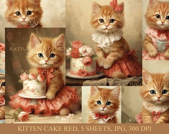 Kitten cake red, Digital download, Commercial use, Journal junk, Scrapbooking, Cardmaking, Printable, Journaling, Cats, Cute animals, Kitten