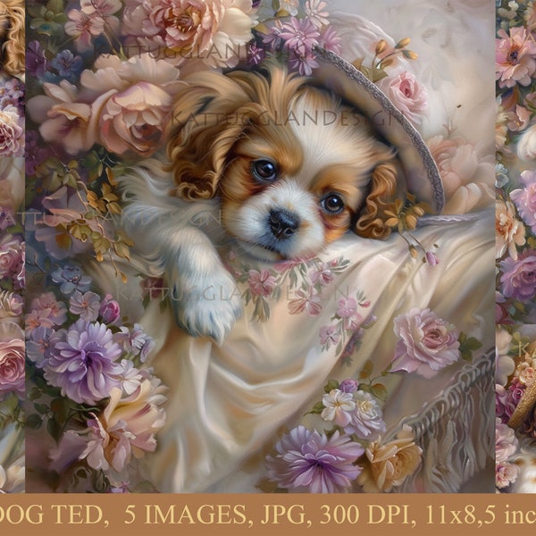 Dog ted, Digital download, Commercial use, Scrapbooking, Junk journal, Cardmaking, Shabby chic, cute animals, puppy, dog, roses, romantic