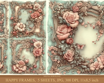 Happy frames, Digital download, Junk Journal, Scrapbooking, Commercial use, Cardmaking, Decoupage, Digital paper, Flowers, gold, frame,