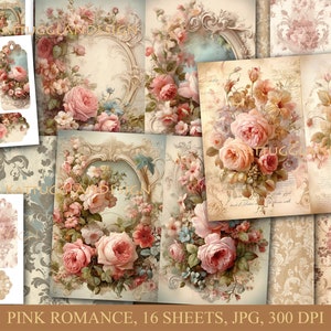 Roze romantiek, Digitale download, Commercieel gebruik, Tijdschriftafval, Scrapbooking, Tags, journaling, bladen, Romantisch, rozen, Shabby chic, Kit,