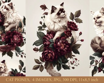 Cat peones, Digital download, Commercial use, Scrapbooking, Junk journal, Cardmaking, Cat, flowers, peones, wall art, home,