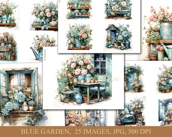 Blue garden, Digital download, Commercial use, Journal junk, Scrapbooking, Cardmaking, Printable, Journaling, Garden, Clipart, Flowers,