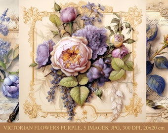 Victorian flowers, Purple, Old paper, soft, Digital download, Commersial use, Journal junk, Scrapbooking, Cardmaking, Printable, Dreamy