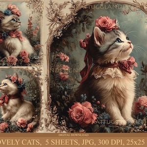 Gatos encantadores, Descarga digital, Diario basura, Scrapbooking, Uso comercial, Fabricación de tarjetas, Decoupage, Papel digital, Shabby chic, Gatos, Gatito