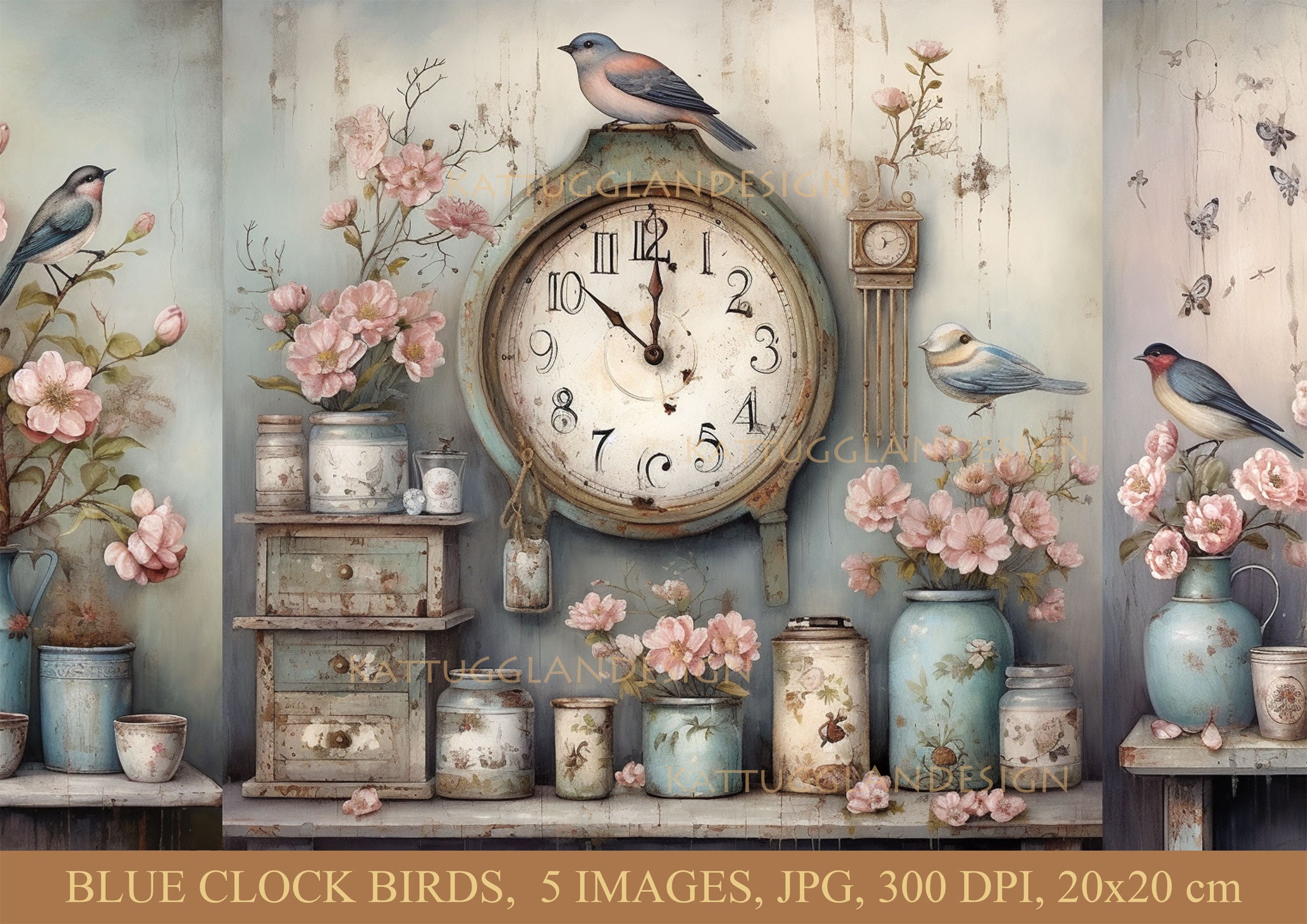 Blue Clock Birds, Digital Download, Commercial Use, Ephemera,junk ...