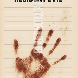 May include: A vintage-style poster with the words "RESIDENT EVIL" at the top. A large, brown handprint is visible, with the word "BINCEL 77" overlaid vertically. The background is a lined, off-white paper.