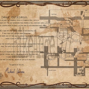 May include: A vintage-style certificate with a brown border and a map of a city. The text reads "Dear citizens, Thanks to the kind and generous people of Umbrella Inc., this is a peaceful and friendly city. The vast donations from Umbrella Inc., have been used for welfare work, the constructions of public utilities, and to help maintain public peace." The certificate is signed "Michael Warren, The Mayor of the City."