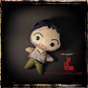 May include: A plush toy of Sebastian Castellanos from the video game "The Evil Within". The toy is wearing a blue shirt with brown straps and green pants. The toy has a distressed look with fake blood splatters on the shirt and pants. The toy has a brown beard and black hair. The background is black with the text "BikoAngel # The Evil Within Sebastian Castellanos" in red.