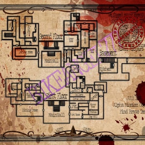 Puede incluir: Un mapa dibujado a mano de un edificio con habitaciones etiquetadas, incluyendo una biblioteca, un comedor, un salón principal y un sótano. El mapa está sobre un fondo marrón con salpicaduras de sangre roja y el texto "Alpha Mission Objective: Find Bravo Team".