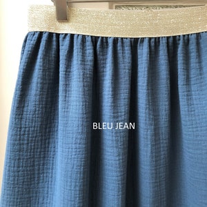 Jupe longue en double gaze de coton certifiée GOTS et oeko-tex à élastique lurex Bleu jean