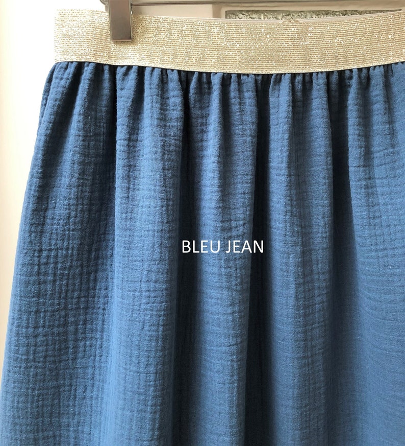 Jupe longue en double gaze de coton certifiée GOTS et oeko-tex à élastique lurex Bleu jean
