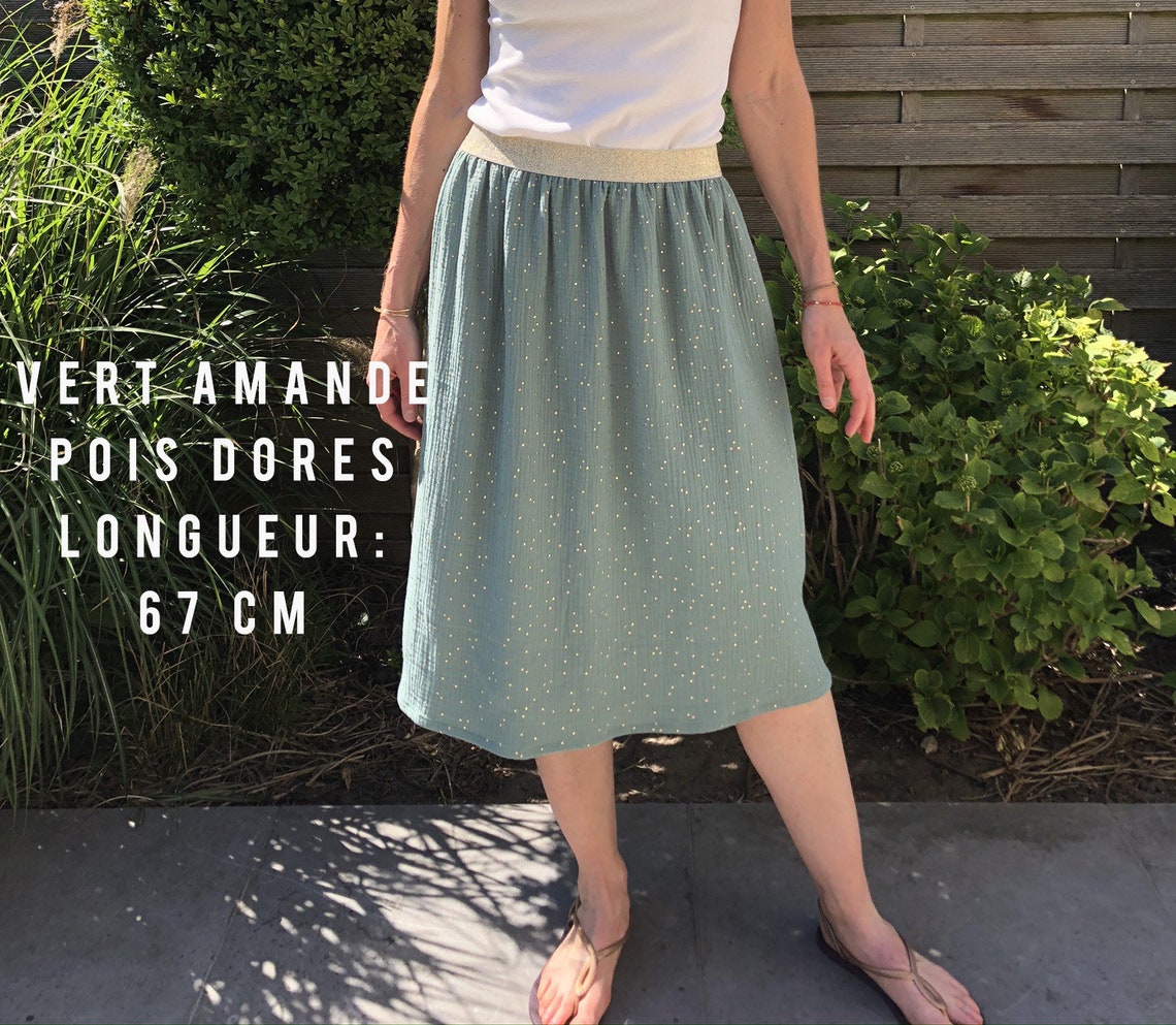 Jupe midi en double gaze de coton à pois dorés et élastique Etsy