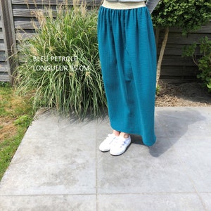 Long skirt in double cotton gauze, GOTS and oeko-tex certified, with lurex elastic Bleu pétrole