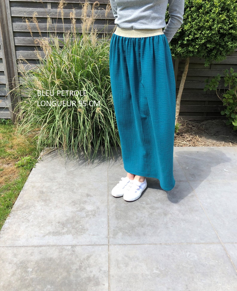 Long skirt in double cotton gauze, GOTS and oeko-tex certified, with lurex elastic Bleu pétrole