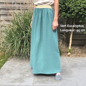 Jupe longue en double gaze de coton certifiée GOTS et oeko-tex à élastique lurex Vert eucalyptus