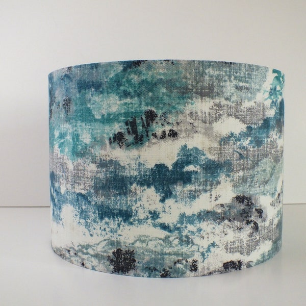 Blue, Teal and Grey Lampshade.  30cm/35cm/40cm Drum Lightshade. Accent Shade Pendant or Table.  Blue Tones Abstract Fabric Print Shade.