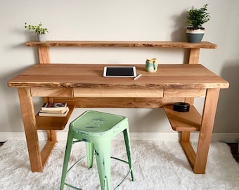 Live Edge Computer Office Wood Writing Desk, Mid Century Modern Office Desk with Drawers