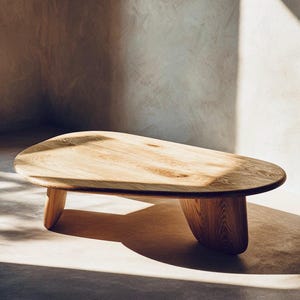 Peut inclure: Une table basse en bois clair de forme organique unique. La table a une surface lisse et plate et est soutenue par des pieds incurvés. Le grain du bois est visible, et la table est éclairée par la lumière naturelle, créant des ombres.