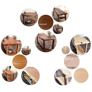 Pu&ograve; includere: Una collezione di tavolini da caff&egrave; in legno fatti a mano in vari tipi di legno, tra cui noce, ciliegio e acero. Ogni tavolo presenta un design unico, che mette in risalto la venatura naturale e il bordo del legno. Alcuni tavoli hanno un ripiano inferiore. Misure in cm.