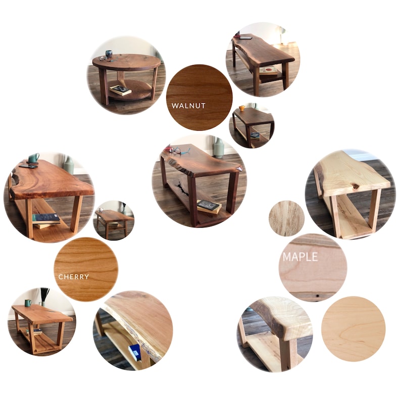 Pu&ograve; includere: Una collezione di tavolini da caff&egrave; in legno fatti a mano in vari tipi di legno, tra cui noce, ciliegio e acero. Ogni tavolo presenta un design unico, che mette in risalto la venatura naturale e il bordo del legno. Alcuni tavoli hanno un ripiano inferiore. Misure in cm.