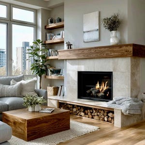 May include: A comfortable living room featuring a fireplace, a wooden coffee table, and a grey sofa. The fireplace has a stone surround and a wooden mantel. Firewood is stored below. Bookshelves and a large window complete the scene, creating a warm atmosphere.
