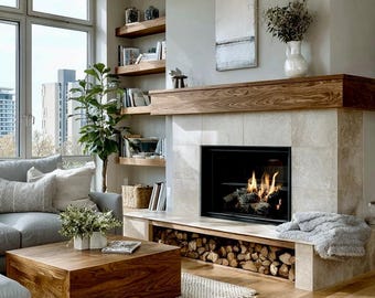 May include: A cozy living room with a fireplace, a wooden coffee table, and a gray sofa. The fireplace has a stone surround and a wooden mantel. A stack of firewood is stored below the fireplace. Bookshelves and a large window complete the scene.