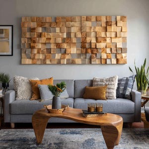 Handgemaakte massief houten muurkunst. Handgesneden houten wanddecoratie