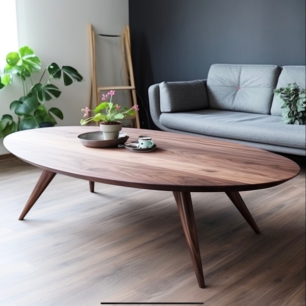 Handgefertigter ovaler runder Holz Couchtisch: Moderner Boho-Stil