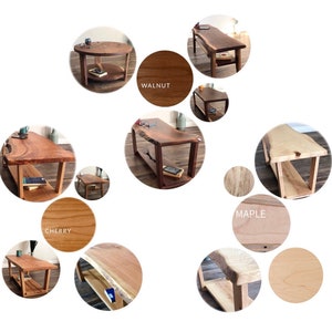May include: A comparison of different wood types for live edge coffee tables. The wood types shown are cherry, walnut, and maple. Each table features a live edge top with a shelf underneath.