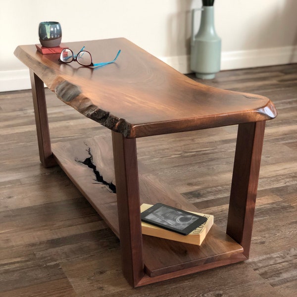 Walnut Live Edge Rustic Wood Coffee Table, Farmhouse Table, Mid Century Modern Coffee Table