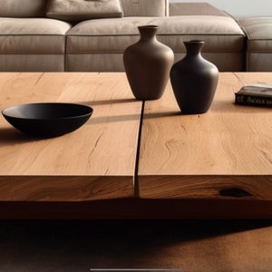 May include: A light wood coffee table with a black bowl and two ceramic vases, one brown and one black. The table has a natural wood grain finish and a rectangular shape.