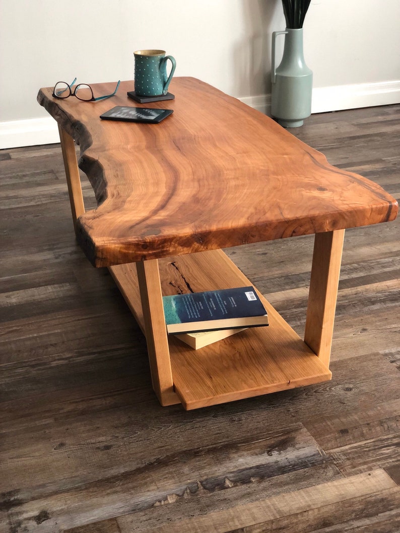 Live Edge Rustic Wood Coffee Table, Farmhouse Table, Mid Century Modern Coffee Table Solid Cherry