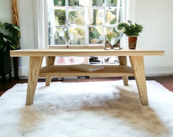 Handmade White Oak Coffee Table: Mid Century Modern Boho Wood Table