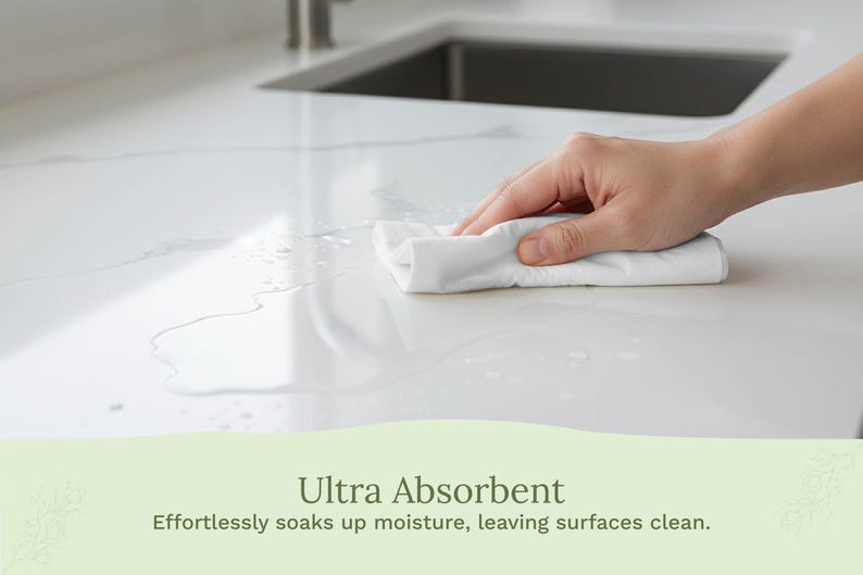 Op de afbeelding: Een witte, absorberende doek veegt water op een wit aanrechtblad. De tekst "Ultra Absorbent" wordt hieronder weergegeven, samen met de beschrijving "Effortlessly soaks up moisture, leaving surfaces clean."