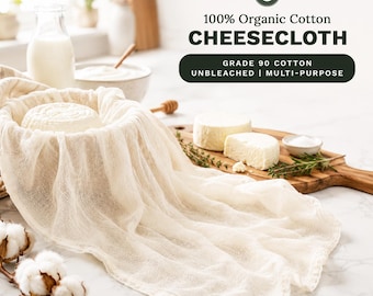 Könnte beinhalten: Ein ungebleichtes, cremefarbenes Käsetuch aus 100% Bio-Baumwolle, Grad 90, mit einer locker gewebten Textur. Das Bild enthält den Text: 100% Organic Cotton CHEESECLOTH, GRADE 90 COTTON, UNBLEACHED | MULTI-PURPOSE und ein Bio-Baumwoll-Logo.