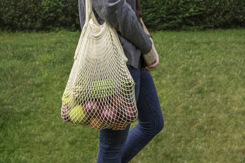 Organic Cotton Mesh Tote Bags French Market Tote Zero Waste Reusable String Crochet Bags for Grocery, Farmers Market, Beach, or Produce image 2