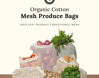 May include: A set of off-white organic cotton mesh produce bags filled with various vegetables including red onions, tomatoes, potatoes, peanuts, and leafy greens. The text reads Organic Cotton Mesh Produce Bags, 100% ECO-FRIENDLY | BREATHABLE MESH.