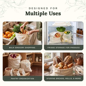 May include: A set of four beige fabric drawstring bags shown in four scenarios: bulk grocery shopping with produce, fridge storage for vegetables, pantry organization for dry goods with labels, and storing various breads and rolls.
