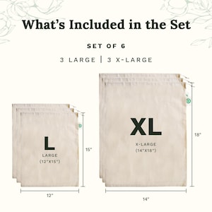 May include: A set of six beige drawstring bags featuring three large bags measuring 12 inches by 15 inches and three extra-large bags measuring 14 inches by 18 inches. The text What's Included in the Set, Set of 6, 3 Large, 3 X-Large is visible.