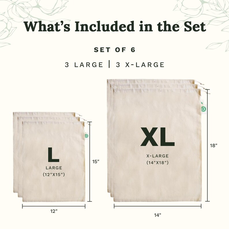 May include: A set of six beige drawstring bags featuring three large bags measuring 12 inches by 15 inches and three extra-large bags measuring 14 inches by 18 inches. The text What's Included in the Set, Set of 6, 3 Large, 3 X-Large is visible.