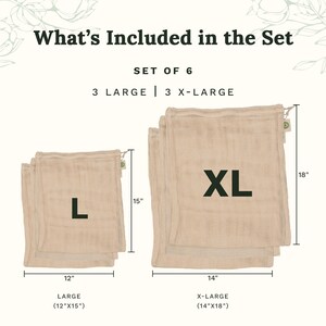 May include: A set of 6 beige mesh produce bags featuring 3 large bags measuring 12 inches by 15 inches and 3 extra-large bags measuring 14 inches by 18 inches. The text What's Included in the Set, Set of 6, 3 Large, 3 X-Large, L, and XL is visible.